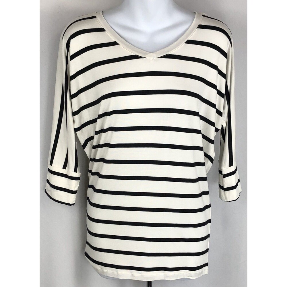 NWT mix by Hawthorne Kearny Dollman top XS Ivory black stripe 3/4 sleeve V-neck